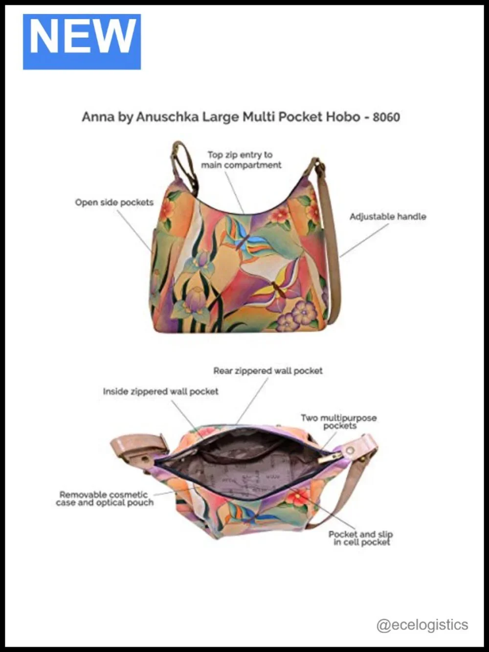 Handpainted Leather Hobo Bag with Multiple Pockets